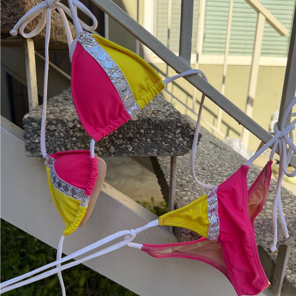 Pink And Yellow Sequin Trim Bikini Set